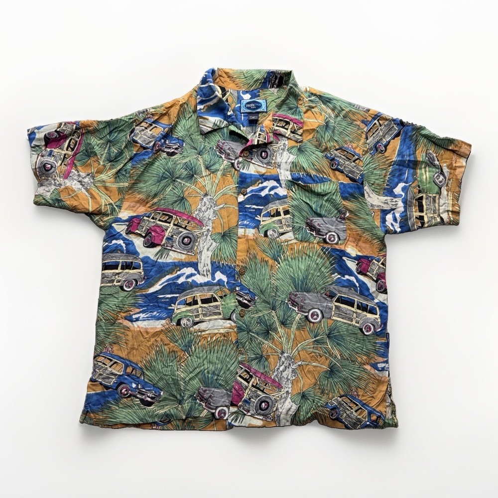 Pacific Blue Mens XL 100% Rayon Hawaiian Button Up Shirt Woody Car Cali Surf VTG